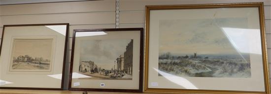 Patrick Hall, pencil and watercolour, Canal scene, 24 x 34cm, a lithograph of London and a Colin Burns, limited edition print